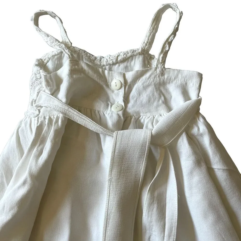 Vintage Crayon Kids White Dress Crochet Bodice Hem Lined Tie back USA Size 1/2